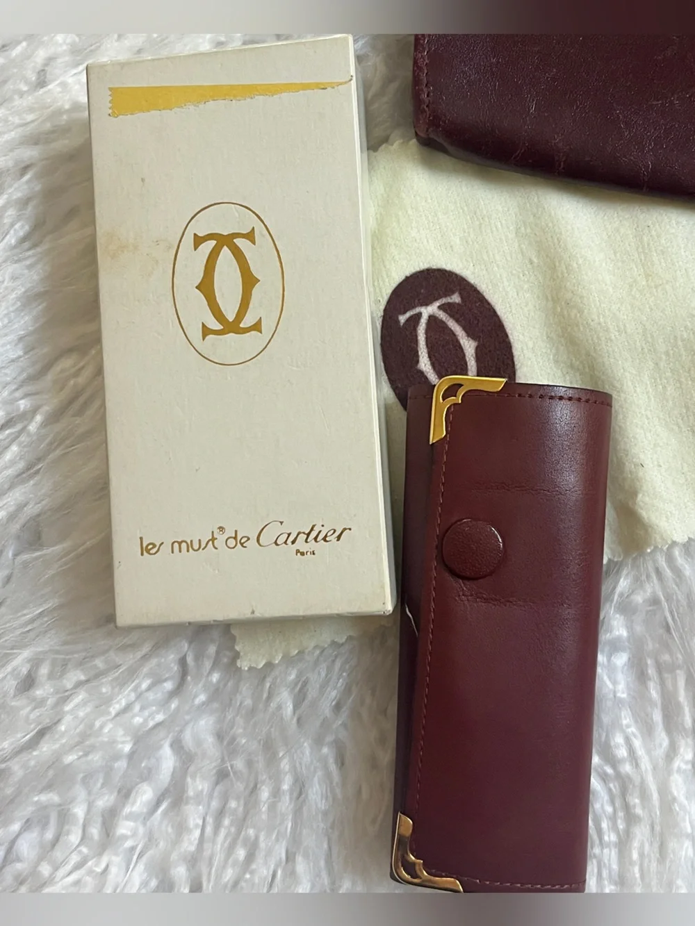 Cartier Burgundy and Gold Leather Key Case, wallet & perfum sample bundle